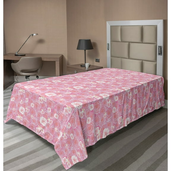 Ambesonne Rose Flat Sheet, Romantic Blooming Flora, TwinXL Size, Pink Purple