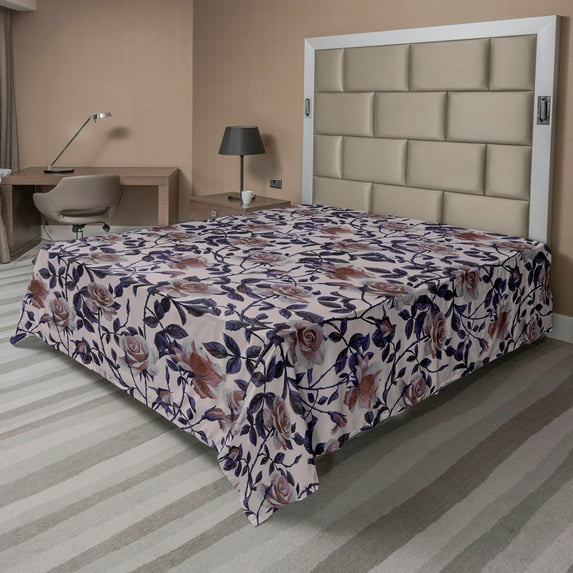 Rose Flat Sheet, Gothic Garden Scene of Flowers Vintage and Leaves Watercolor Print, Soft Comfortable Top Sheet Decorative Bedding 1 Piece, Queen Size, Blush Quartz and Dried Rose, by Ambesonne