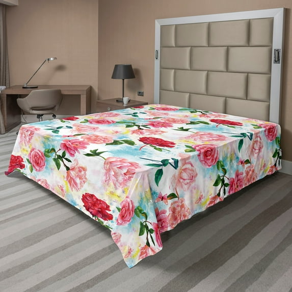 Rose Flat Sheet, Watercolor Romantic Flowers and Delicate Flowers on Grunge Pastel Back, Soft & Comfy Top Sheet Decorative Bedding 1 Piece, California King, Aqua Pastel Pink and Green, by Ambesonne