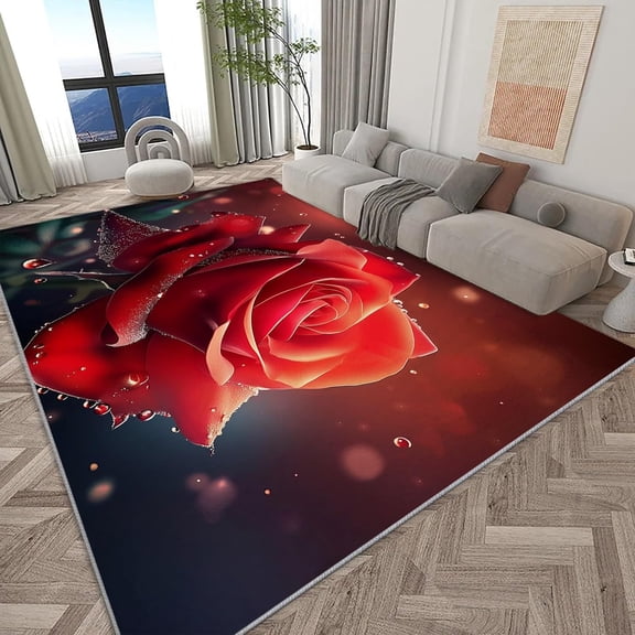 Rose Floral Area Rugs, Red Plant Flower Rose Carpet, Washable Non Slip Low Pile Soft Rug for Living Room Bedroom Dining Room Decor Mat 2x3ft
