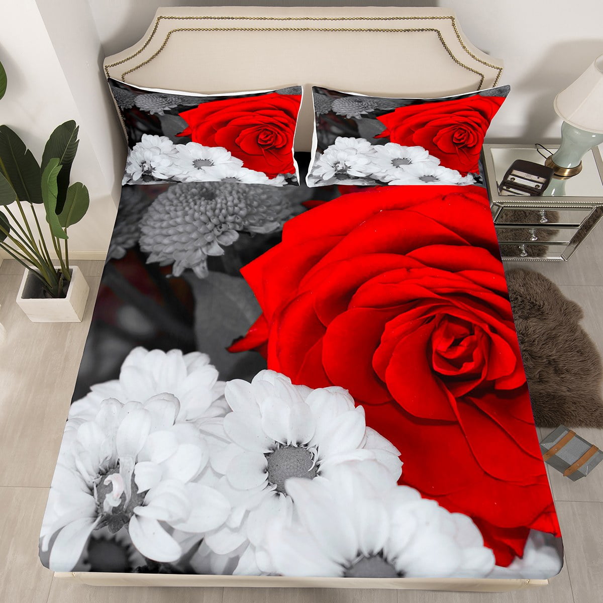 Rose Floral Bed Sheets Set Twin, Red Black Grey 3D Rose Fitted Sheet