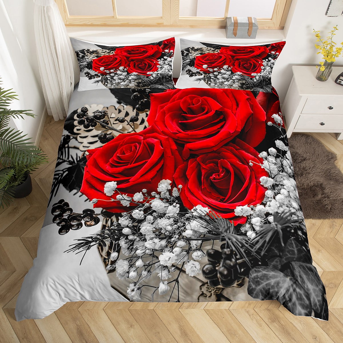 Rose Floral Bedding Set Queen Size, Romantic Red Flowers Duvet Cover