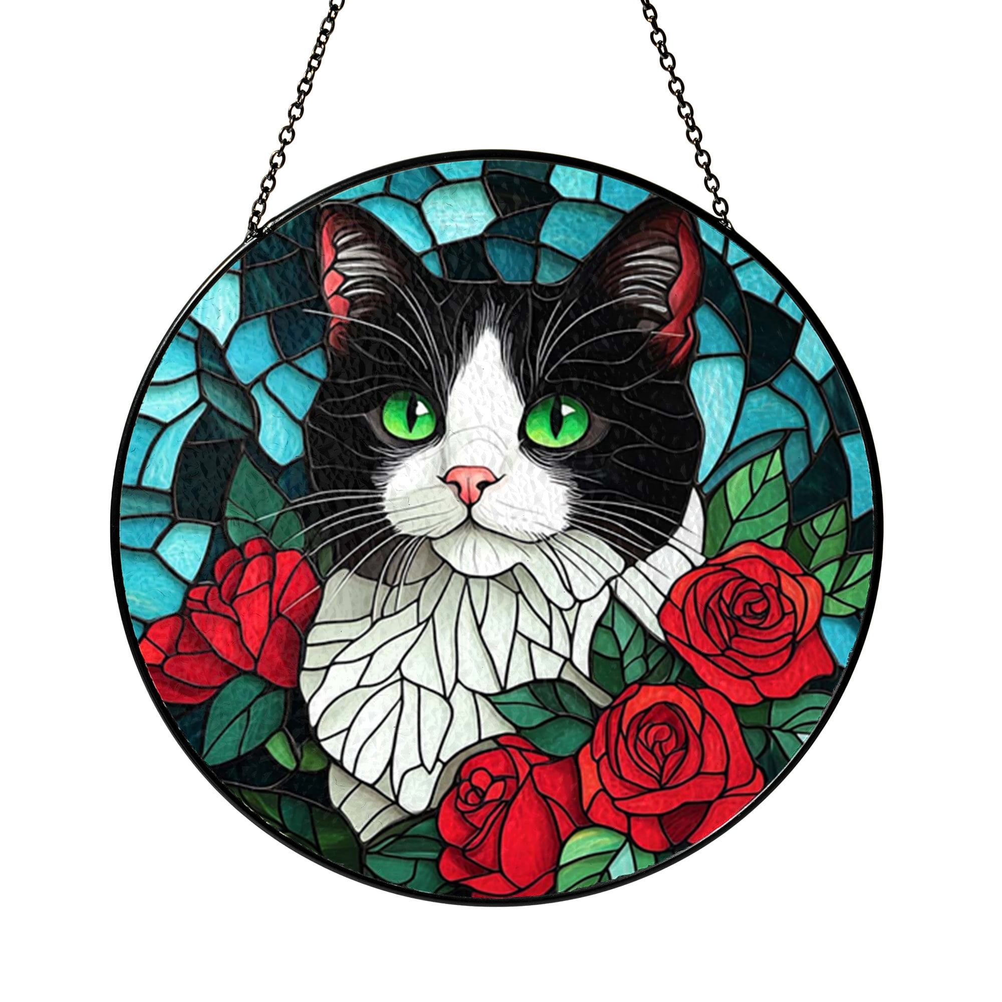 Rose Floral Black White Cat Stained Glass Window Art, Bold Elegant ...