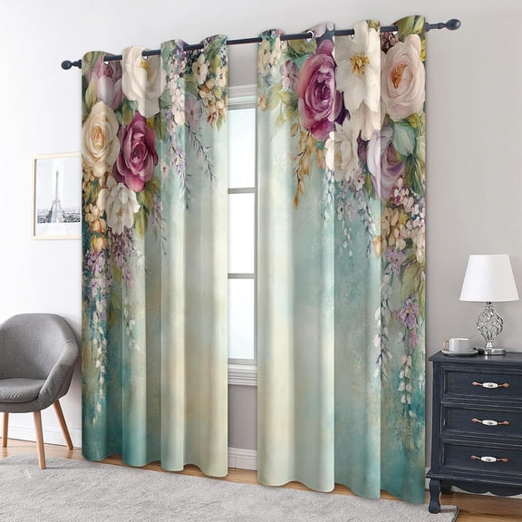 Rose Floral Blackout Curtains for Living Room, Bedroom, Vintage Flower Rustic Shabby Chic Pattern Thermal Insulated Grommet Window Drapes-52"W x 84"L(Pack of 2)