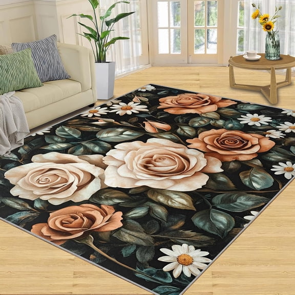 Rose Floral Botanical Area Rugs, Pink Tropical Carpet, Washable Non Slip Low Pile Soft Rug for Living Room Bedroom Dining Room Home Office Decor Mat 2x3ft