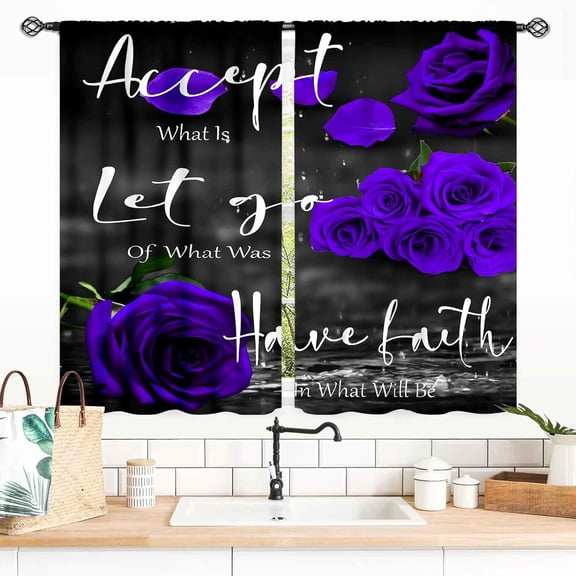 Rose Floral Curtains, Romantic Purple Flower Rose Inspirational Quotes Valentine''s Day Romance Modern Blackout Window Drapery Treatments for Bedroom Living Room Apartment Bathroom, 27.5x36 Inch