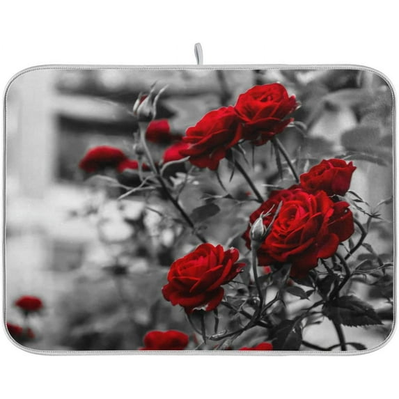 Rose Floral Dish Drying Mat 16 x 18 Inch Red Flower Absorbent Dish Drying Rack Pad Protecter Dish Drainer Mat for Kitchen Countertops