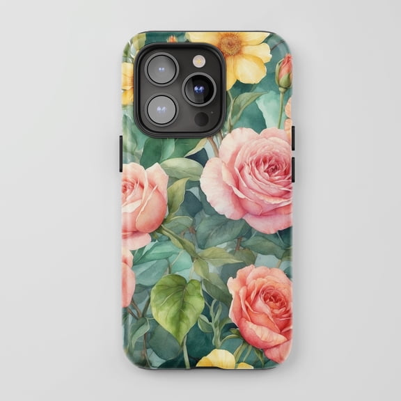 Rose Floral For All iPhone Series Tough Phone Case Watercolor Style Green Pink Yellow