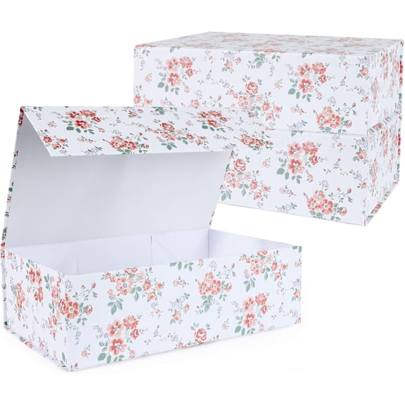 Rose Floral Gift Box with Magnetic Lids 13.8x8.3x4.4 in, Large Bridesmaid Proposal Boxes, Rectangle Wedding Decorative Storage 3 Pack