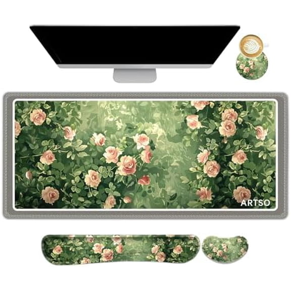 Rose Floral Mouse Pad Wrist Support Set, Desk Mat, 4in1 XXL Large Mousepad + Keyboard Wrist Rest+Mouse Wrist Rest+Coaster Combo with Ergonomic Design for Home Office