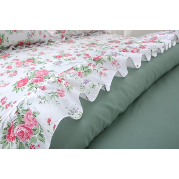 Rose Floral Ruffles Flat Sheet Printed Flower Ruffled Top Sheet for Bed 100% Cotton Twin or Twin XL Size 1 Piece