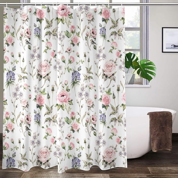 Rose Floral Shower Curtain Flower Wildflowers Cottagecore Cottage Country Green Washable Fabric Bath Curtains Set for Bathroom with 12 Hooks Decor Art - 72"X72"