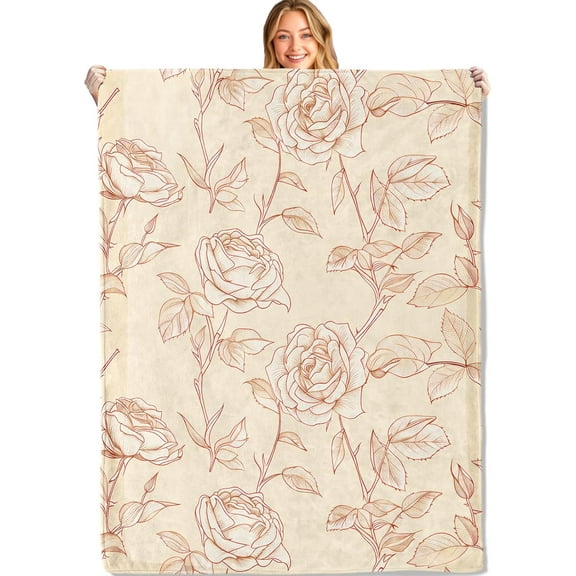 Rose Floral Throw Blanket,50×60in,Soft,Lightweight Flannel,Flower and Leaf Sketch Blankets Classic Gifts for Girls Women Nature Lovers,for Couch Office Travel,Home Living Room Decor