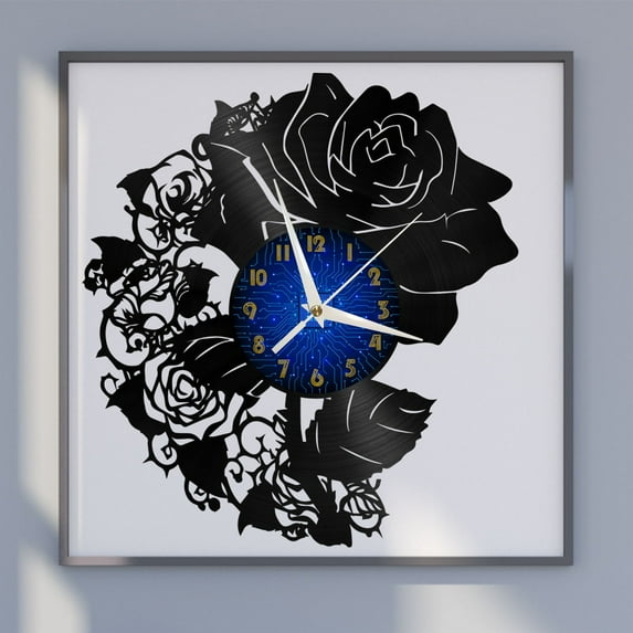 Rose Flower 12 Inch Vinyl Record Wall Clock - Silent, Creative, and Unique Clock for Living Room, Entryway, or Bedroom Decor - Perfect Gift Idea(12 inchs B without LED)
