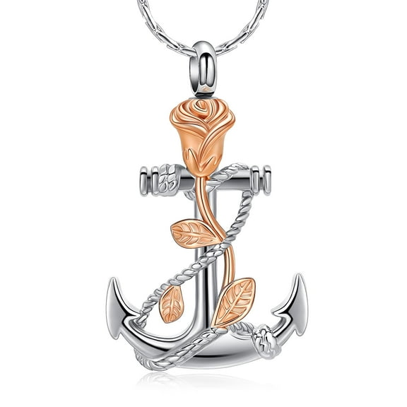 Rose Flower & Anchor Urn Necklace for Ashes Stainless Steel Cremation Ashes Jewelry for Human Pet