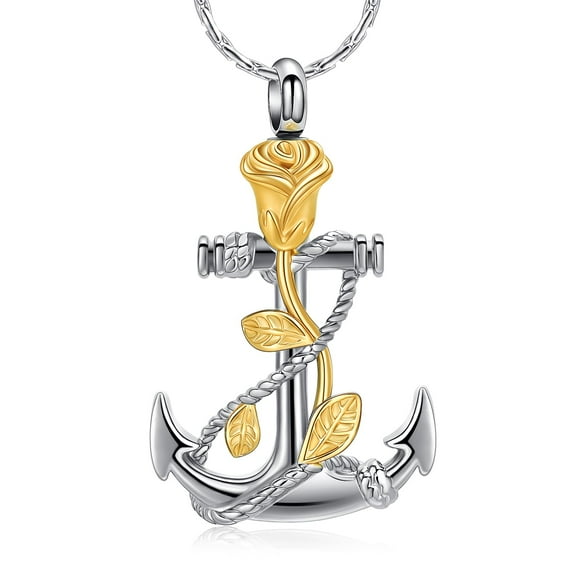 Rose Flower & Anchor Urn Necklace for Ashes Stainless Steel Cremation Ashes Jewelry for Human Pet