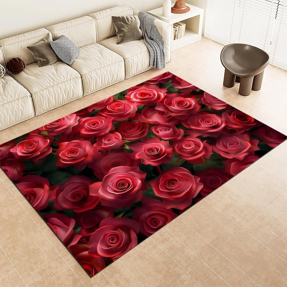Rose Flower Area Rugs, Red Botanical Floral Carpet, Washable Non Slip Low Pile Soft Rug for Living Room Bedroom Home Decor Mat 2x3ft