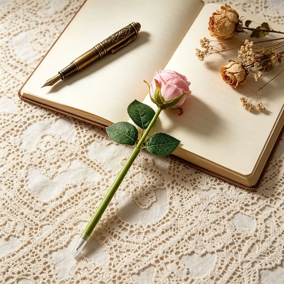 Rose Flower Ballpoint Pen, Plastic Blue Ink Decorative Writing Pen with Simulation Bouquet Design for Daily Notes, Desk Ornament, Gift Giving and Party Decor