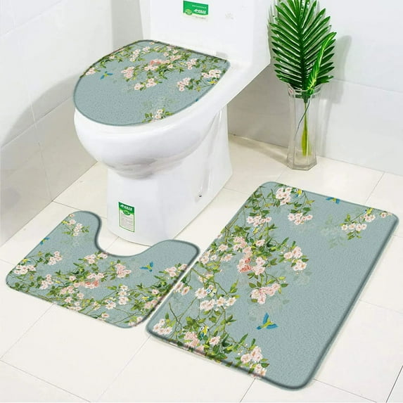 Rose Flower Bath Mat Set Red Fresh Florals Fields and Garden Plant Non-slip Toilet Lid Foot Rug Floor Mat Bathroom Accessory Set