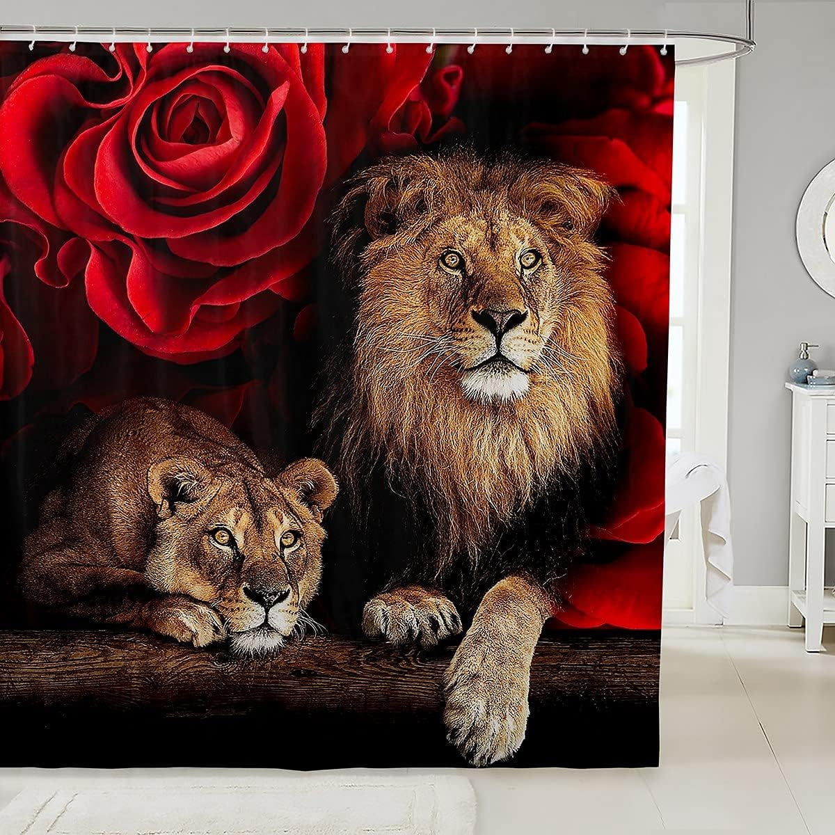 Rose Flower Bathroom Decor Shower Curtain, Animal Lion Print Bath Curtain for Kids Teen Boys Girls Home Room Waterproof Shower Curtains, Modern Style Bath Decorations 72" W x 84" L