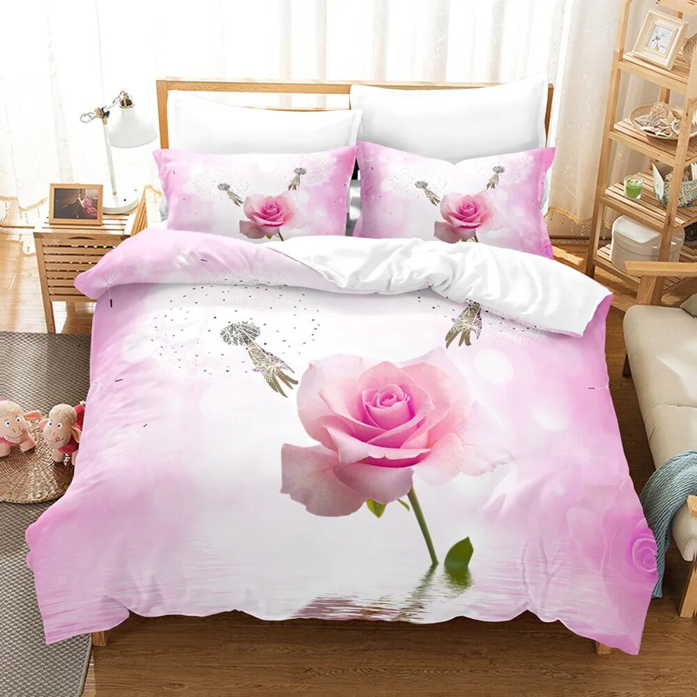 Rose Flower Bedding Set 3D Print White Petals Valentine's Day Gift for