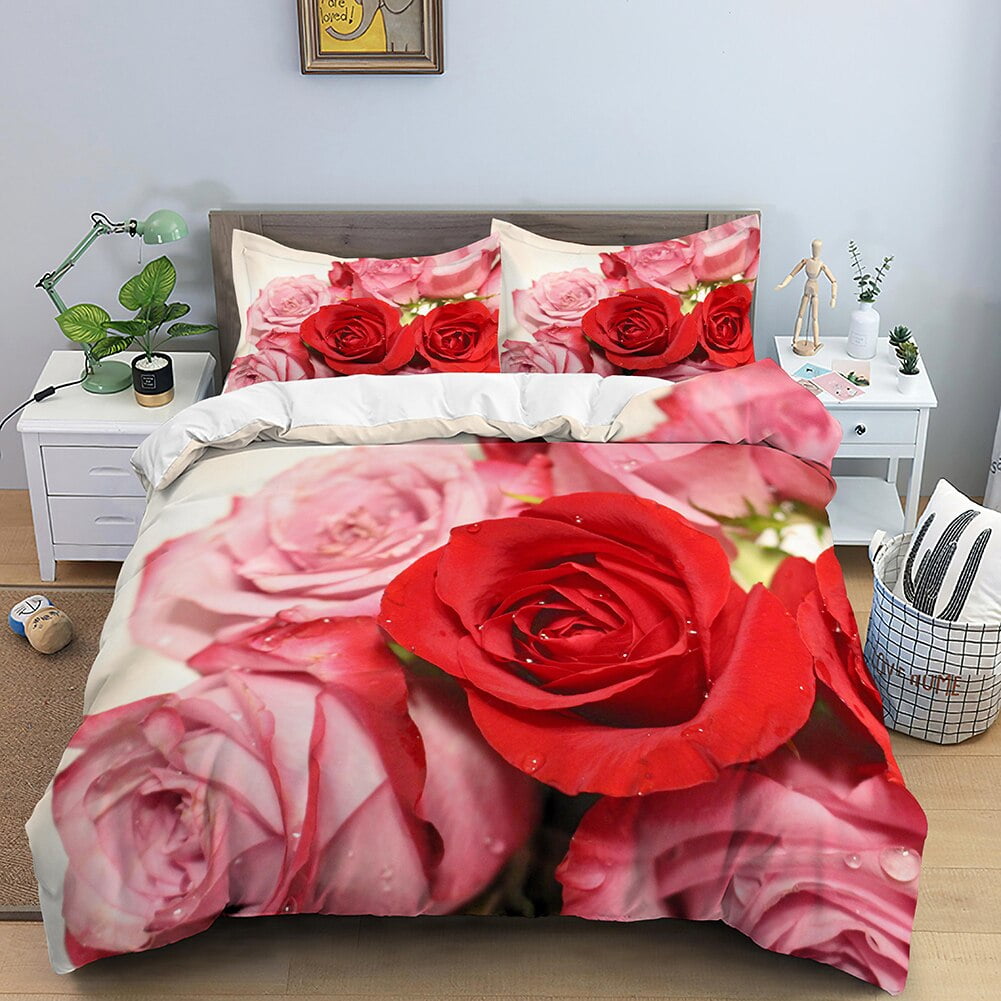 Rose Flower Bedding Set Red Blue Rose Print Duvet Cover with Pillow
