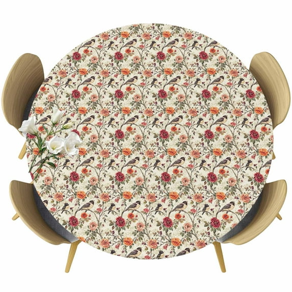 Rose Flower Birds Round Tablecloth 36-44 Inch Round Fitted Table Cloth with Elastic Edge, Rustic Country Floral Plant Spring Waterproof Table Cover Protector for Outdoor Picnic Party Dining