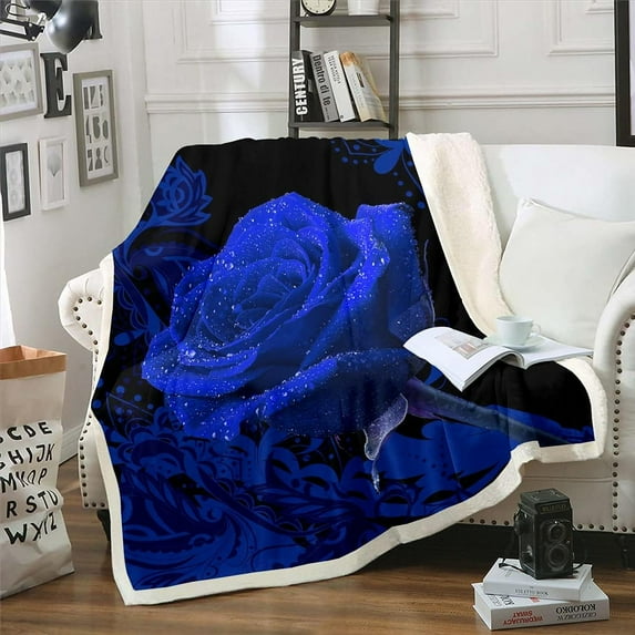Rose Flower Blanket Throw,Blue Romantic Rose Blanket for Kids Girls Women Bedroom Baby 30"X40",Boho Flower Pattern Fleece Blanket Soft Warm Cozy Sherpa Blanket for Bed Sofa Couch Black