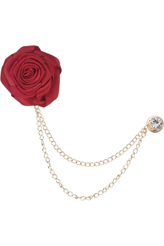 Rose Flower Brooch Pin for Men Suit, Cloth Handmade Lapel with Gold Badge Tassel Chain Brooches Wedding Accessories/Prom/Party [Wine Red]