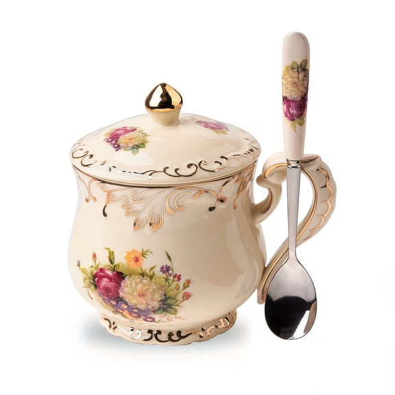 Rose Flower Ceramic Mug Set with Lid & Spoon, 12 oz Coffee Tea Cup