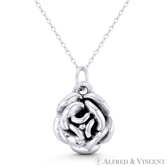 Rose Flower Charm 3D 25x18mm (1x0.7in) Pendant & Chain Necklace in Oxidized .925 Sterling Silver