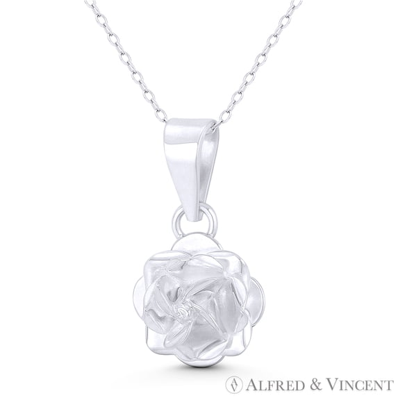 Rose Flower Charm 3D 29x16mm (1.1x0.6in) Pendant in Plain .925 Sterling Silver