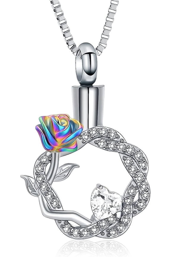 Rose Flower Cremation Jewelry for Ashes Stainless Steel Heart Crystal Circle Urn Necklace