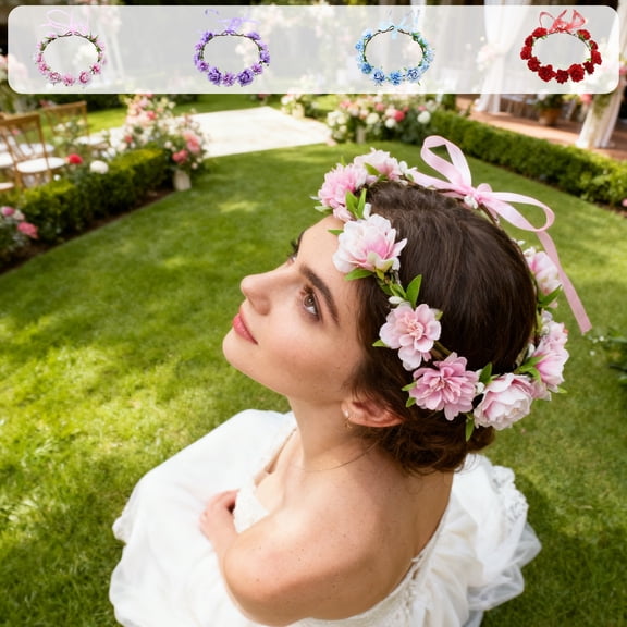 Rose Flower Crown with Green Leaves – Adjustable Floral Headband for Women & Girls, Artificial Flower Halo Hair Wreath for Festivals, Weddings, Photoshoots, Parties (Pink, Purple, Red, Blue)