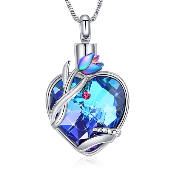 Rose Flower Crystal Heart Cremation Urn Pendant Necklace for Cremation Ashes Urn Necklace Lockets for Ashes of Loved One