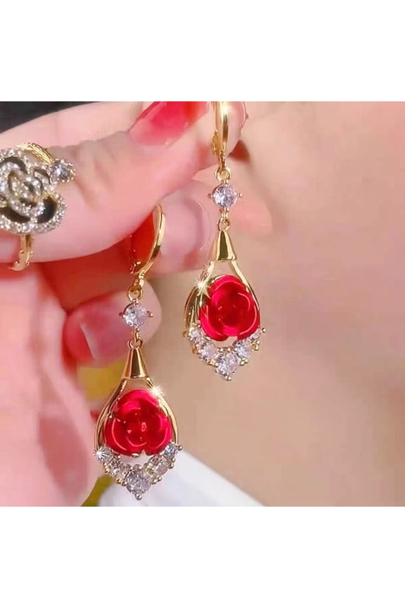 Rose Flower Earrings for Women, Light Luxury Fashion, High-end Sense, Diamond-studded Ear Clips, Exquisite Temperament, Versatile Water Drop Tassel Trendy Earrings