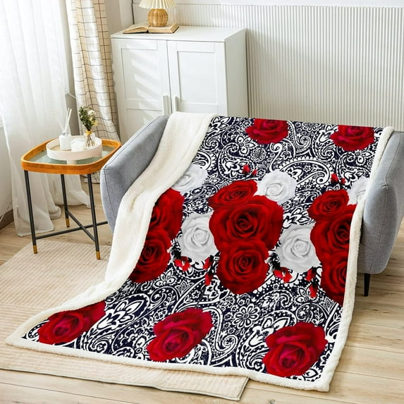 Rose Flower Fleece Blanket Baby 30"X40" For Girls Women,Boho Black Paisley Throw Blanket,Red White Rose Floral Plush Blanket,Bright Vintage Bohemian Petal Flannel Blanket For Bed Sofa Couch