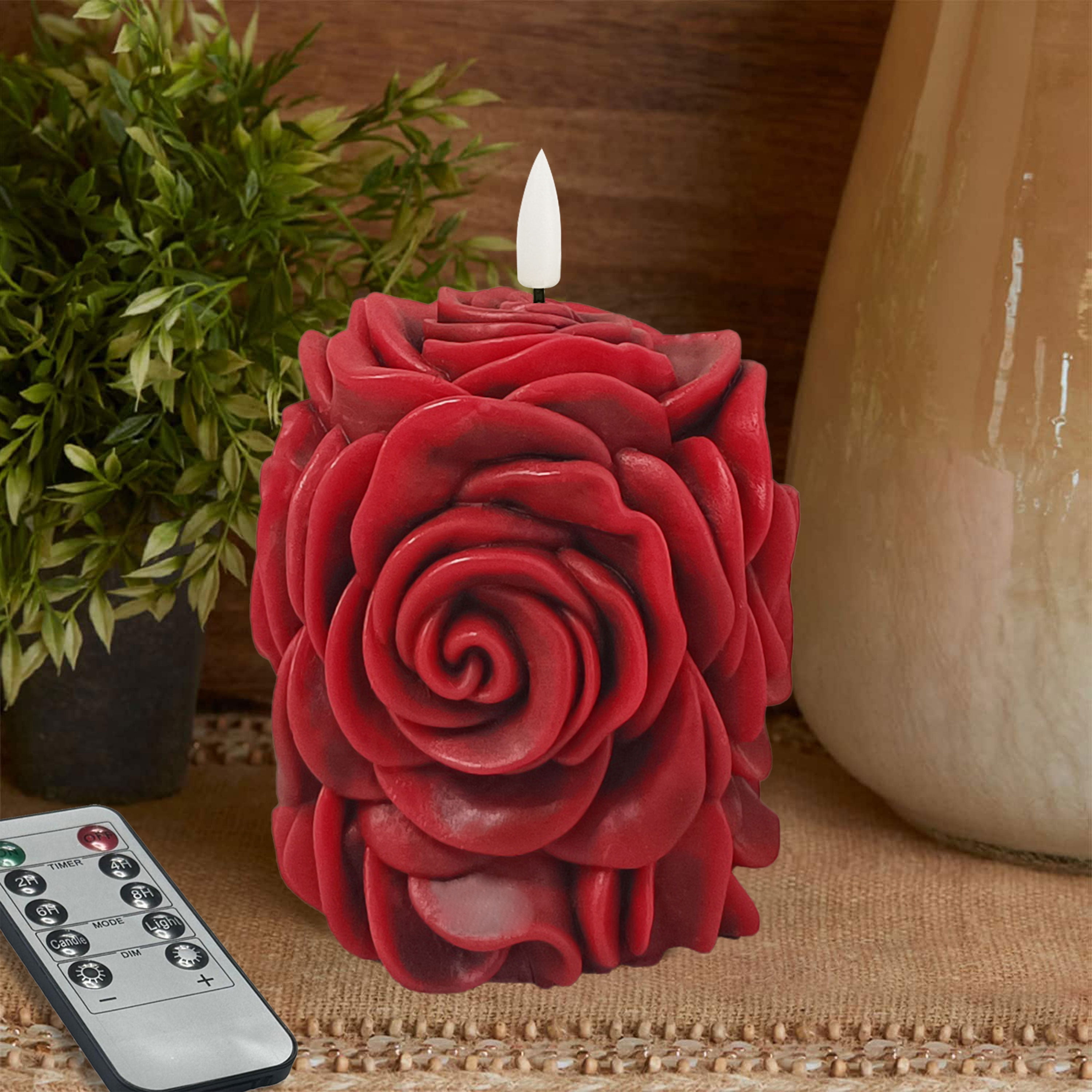 Rose Flower Flickering Flameless Candles, Real Wax LED Candles with Remote and Timer, 3.8 Inch Battery Operated Pillar Candles for Room Elegant Decor Home Wedding Decoration
