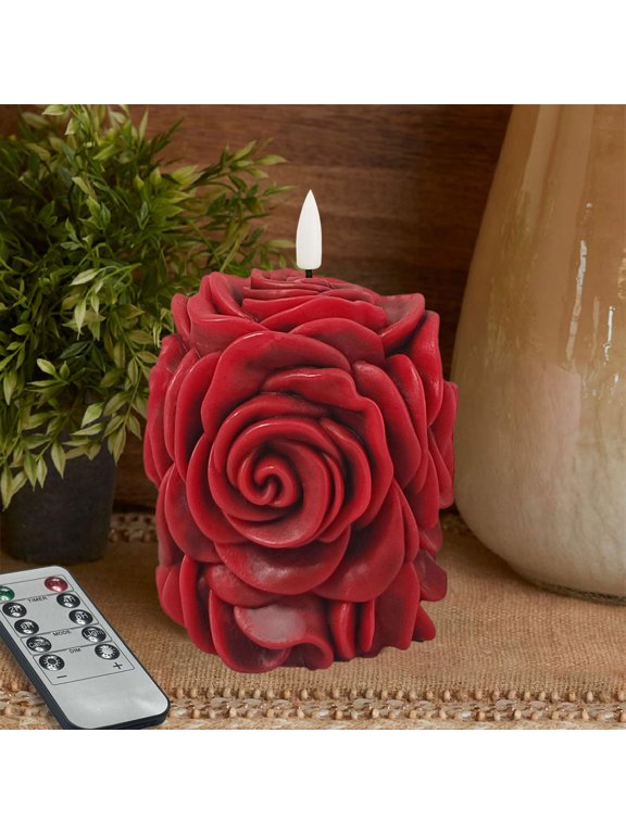 Rose Flower Flickering Flameless Candles, Real Wax LED Candles with Remote and Timer, 3.8 Inch Battery Operated Pillar Candles for Room Elegant Decor Home Wedding Decoration