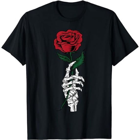 Rose Flower Gift - White Skeleton Hand Holding a Red Rose T-Shirt