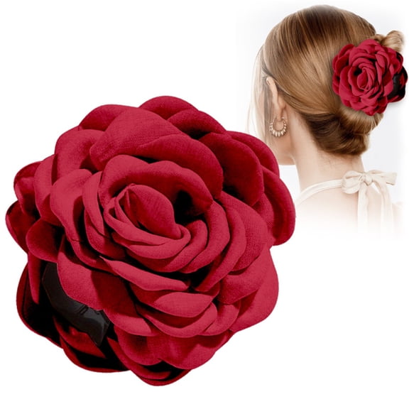 Rose Flower Hair Claw Clip - Large Camellia Satin Fabric Hair Accessories, Elegant Solid Color Floral Jaw Clip, Strong Hold Non Slip Grip, Fancy Twist up Style, Wedding Prom Party Makeup Organizers