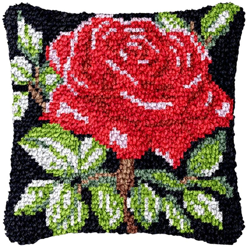 Rose Flower Latch Hook Pillow Cover Kits for Needlework Cushion Throw Pillow Cross Stitch Crochet Hook Pillowcase Rug Kits Printed Canvas Crochet Yarn Kits Needlework 17'' X 17''(D8)