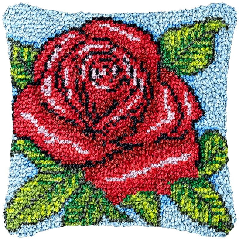 Rose Flower Latch Hook Pillow Cover Kits for Needlework Cushion Throw Pillow Cross Stitch Crochet Hook Pillowcase Rug Kits Printed Canvas Crochet Yarn Kits Needlework 17'' X 17''