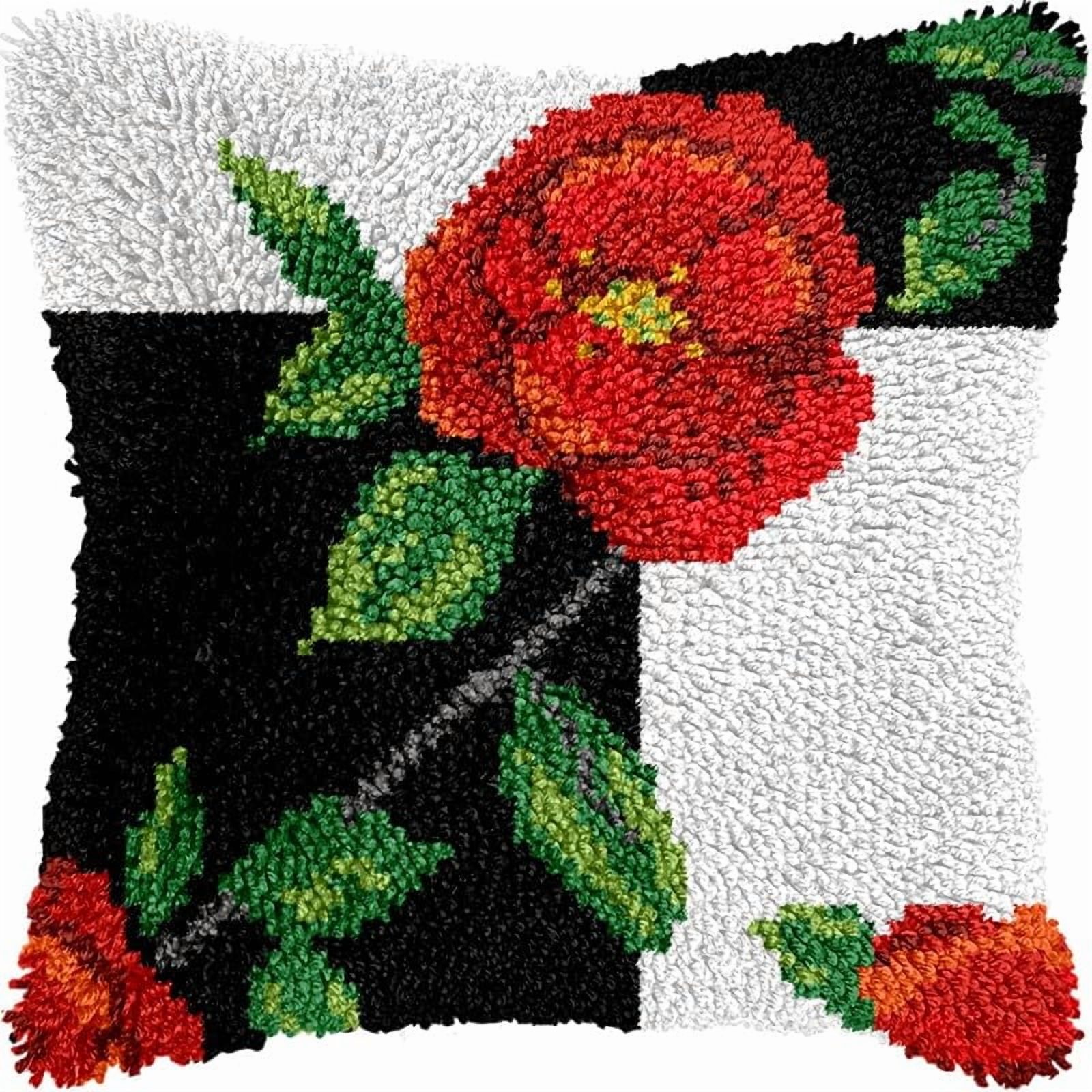 Rose Flower Latch Hook Pillow Kits Pillow Cover with Pattern Printed Canvas Crochet Cross Hooking Pillowcase Cushion Crafts Embroidery Latch Hooking Crochet Kits 17x17 inch(113)