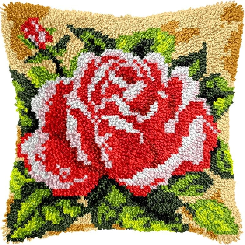 Rose Flower Latch Hook Pillow Kits Pillow Cover with Pattern Printed Canvas Crochet Cross Hooking Pillowcase Cushion Crafts Embroidery Latch Hooking Crochet Kits 17x17 inch(109)