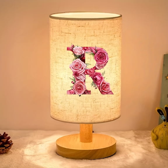 Rose Flower Letter Ambient Bedside Lamp, Nordic Wooden Table Lamp, Cloth Lampshade, Wired Powered LED Light, No Battery Needed, Ideal for Bedroom Dorm Home & Office