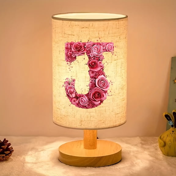 Rose Flower Letter Ambient Bedside Lamp, Nordic Wooden Table Lamp, Cloth Lampshade, Wired Powered LED Light, No Battery Needed, Ideal for Bedroom Dorm Home & Office