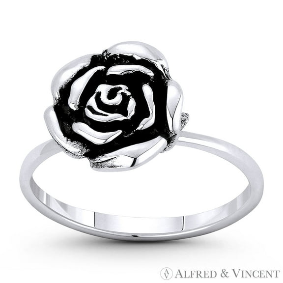 Rose Flower Love & Romance Charm Right-Hand Stackable Ring in Oxidized .925 Sterling Silver