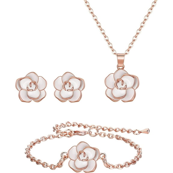 Rose Flower Necklace Earrings Bracelet Set 14K Gold Plated Hypoallergenic Jewelry Sets Gift for Women