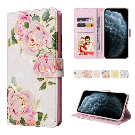 Rose Flower Pattern Wallet Case for iPhone 11 Pro Max 6.5 Inch, Premium PU Leather Bracket Shockproof Flip Folio Phone Cover with Card Slots Kickstand Magnetic Clasp Wrist Strap Case,Rose Flower